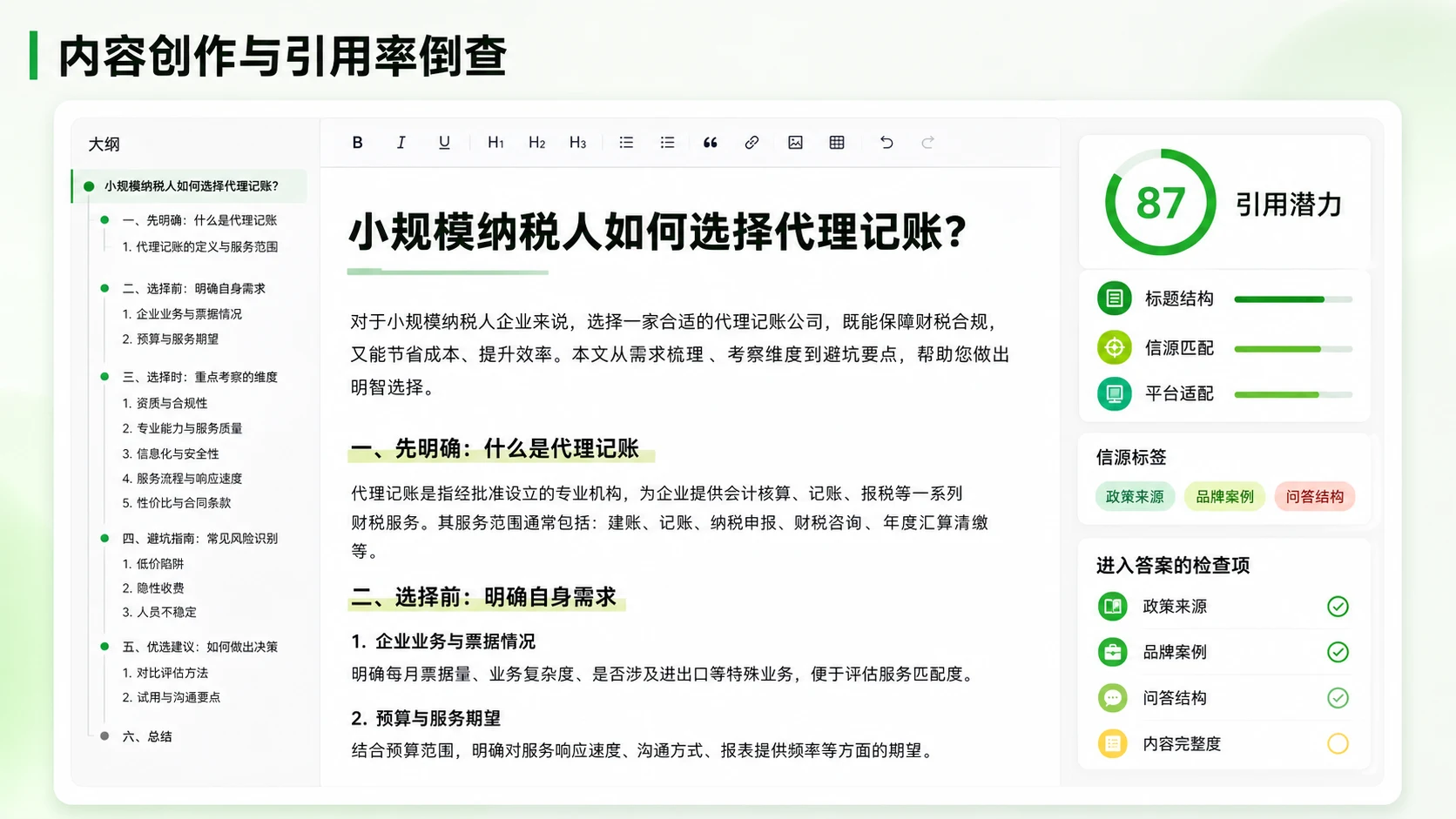 GEO 内容创作与引用检查界面，展示文章大纲、正文结构和引用潜力评估