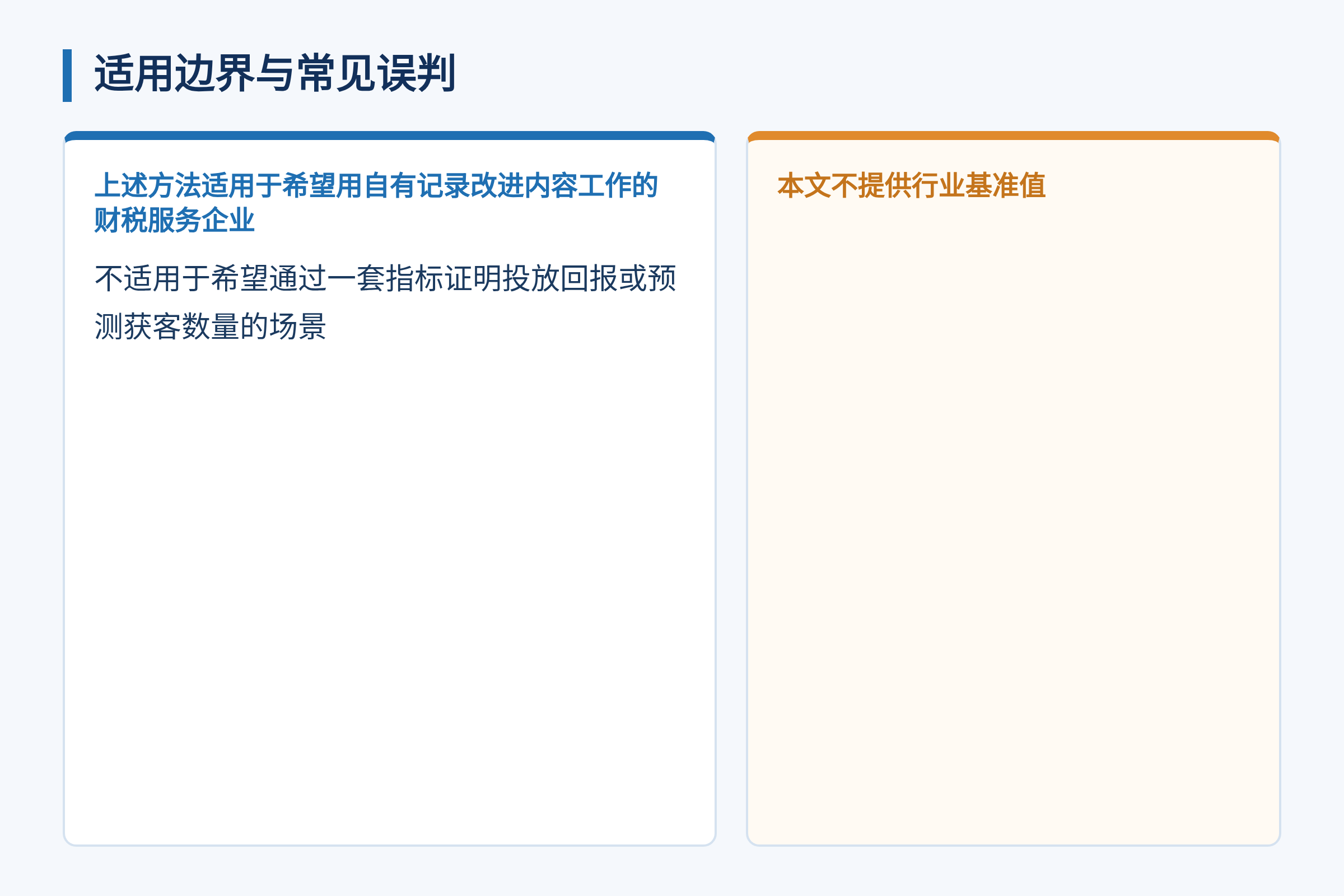 适用边界与常见误判:上述方法适用于希望用自有记录改进内容工作的财税服务企业;不适用于希望通过一套指标证明投放回报或预测获客数量的场景;本文不提供行业基准值