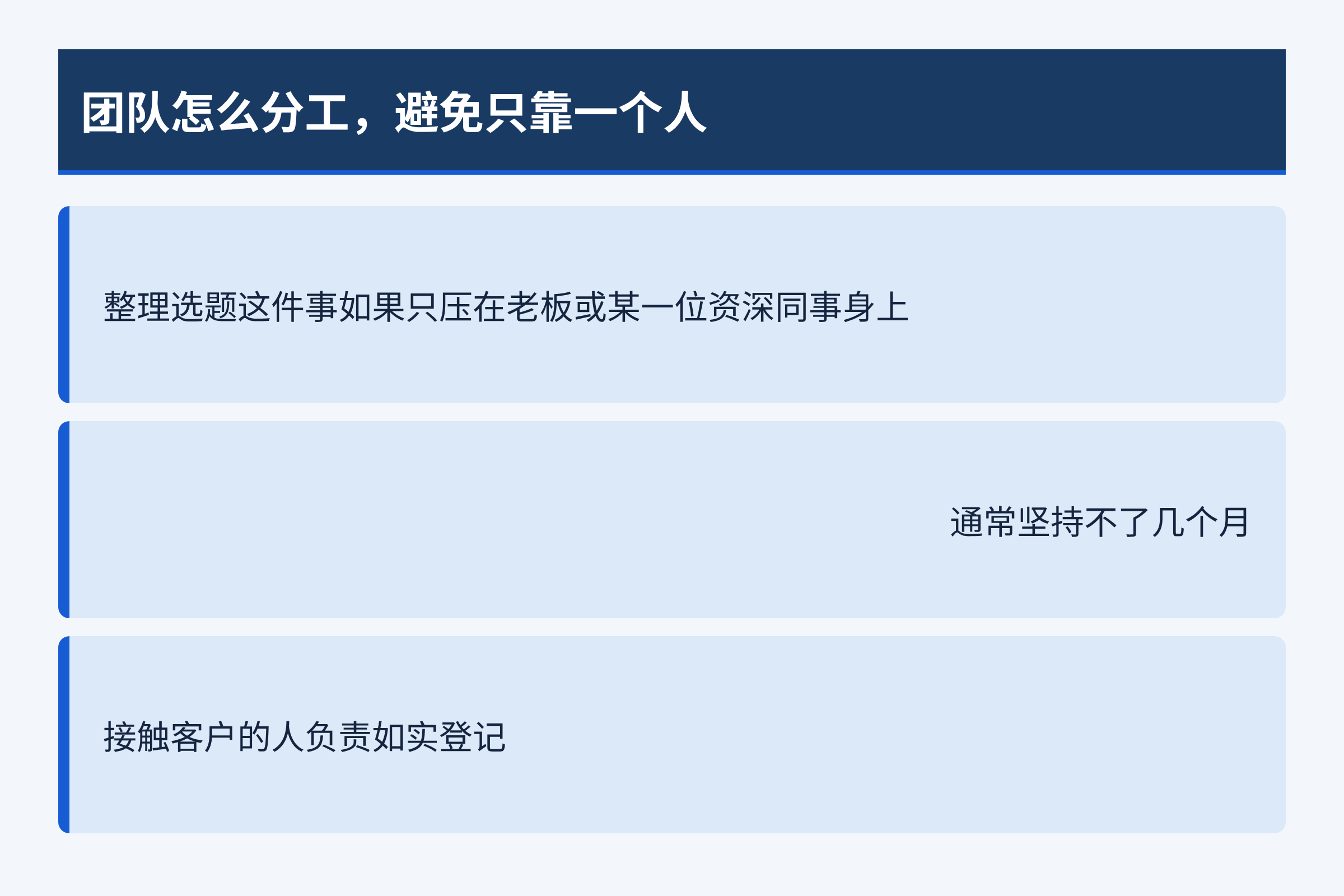 团队怎么分工，避免只靠一个人：整理选题这件事如果只压在老板或某一位资深同事身上；通常坚持不了几个月；接触客户的人负责如实登记