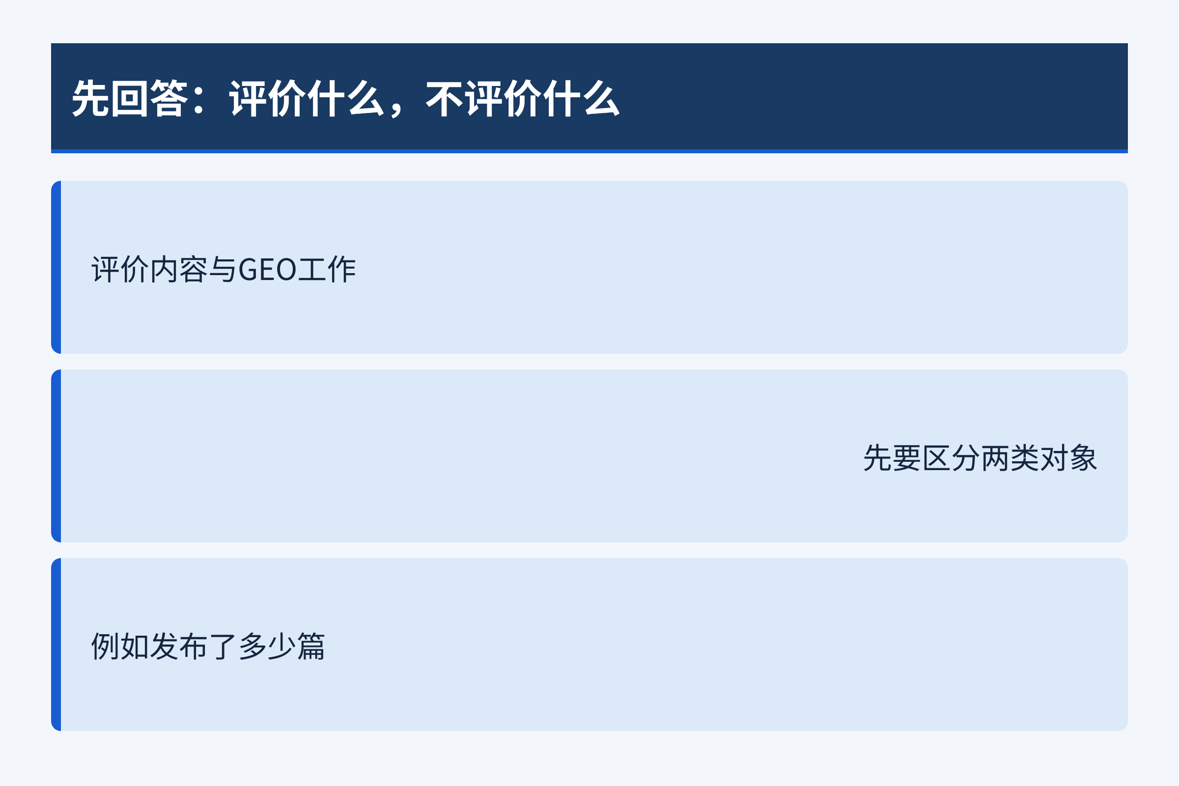 先回答:评价什么,不评价什么:评价内容与GEO工作;先要区分两类对象;例如发布了多少篇