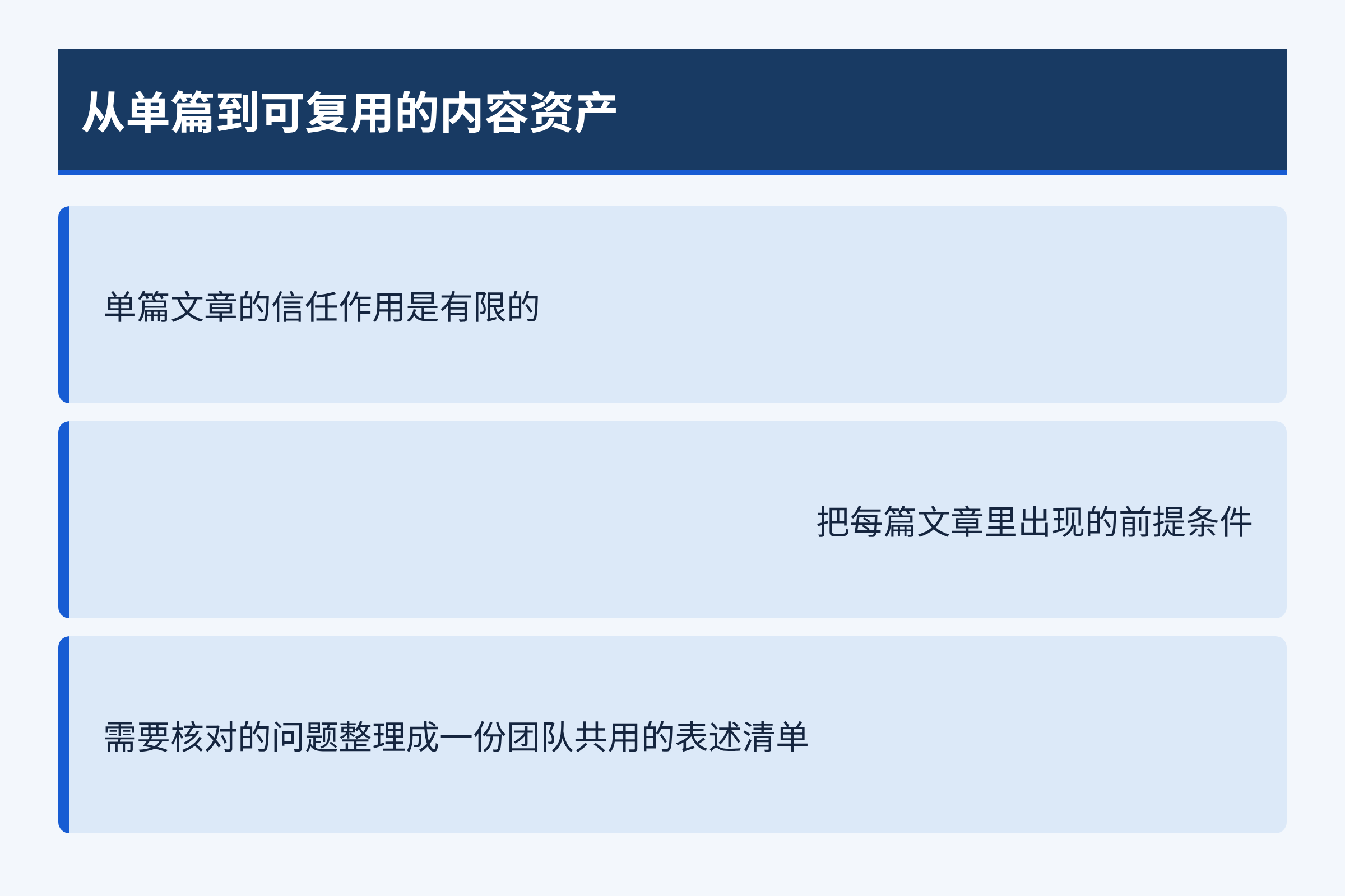 从单篇到可复用的内容资产:单篇文章的信任作用是有限的;把每篇文章里出现的前提条件;需要核对的问题整理成一份团队共用的表述清单