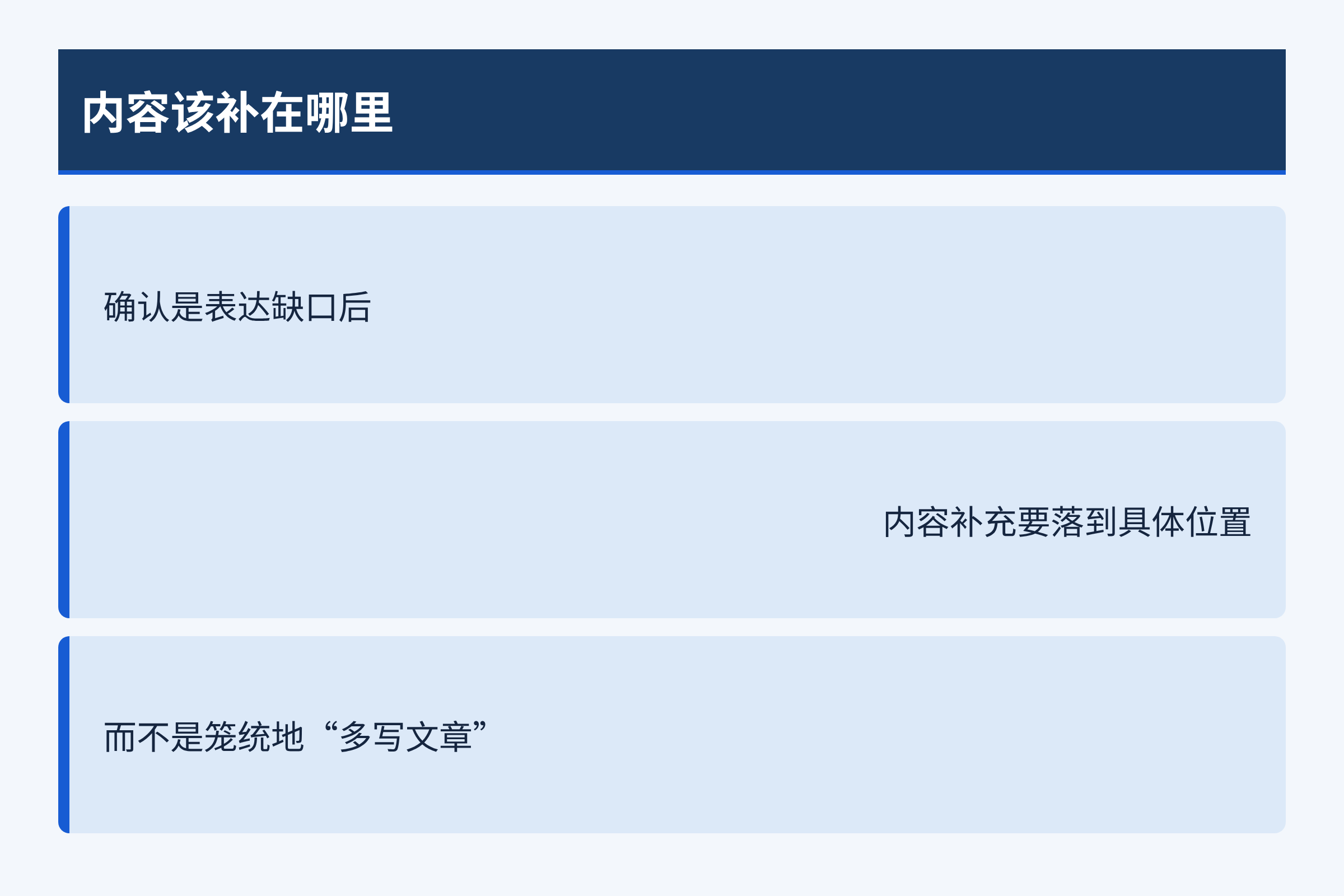 内容该补在哪里：确认是表达缺口后；内容补充要落到具体位置；而不是笼统地“多写文章”