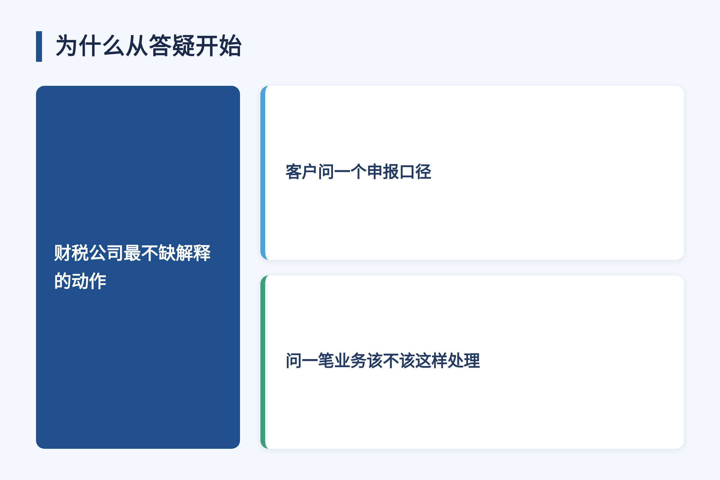 为什么从答疑开始：财税公司最不缺解释的动作；客户问一个申报口径；问一笔业务该不该这样处理
