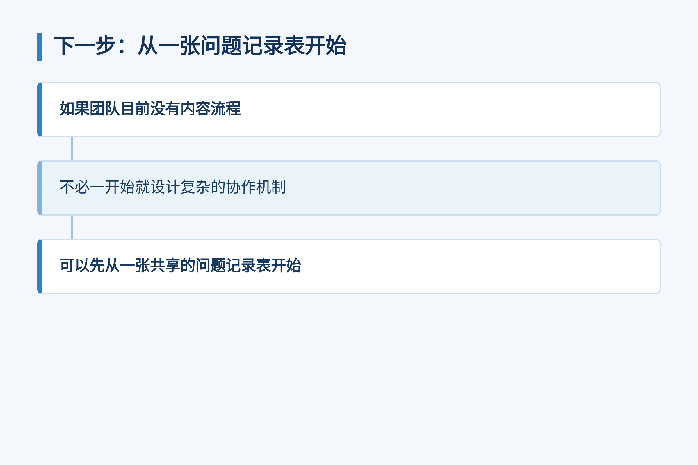 下一步：从一张问题记录表开始：如果团队目前没有内容流程；不必一开始就设计复杂的协作机制；可以先从一张共享的问题记录表开始