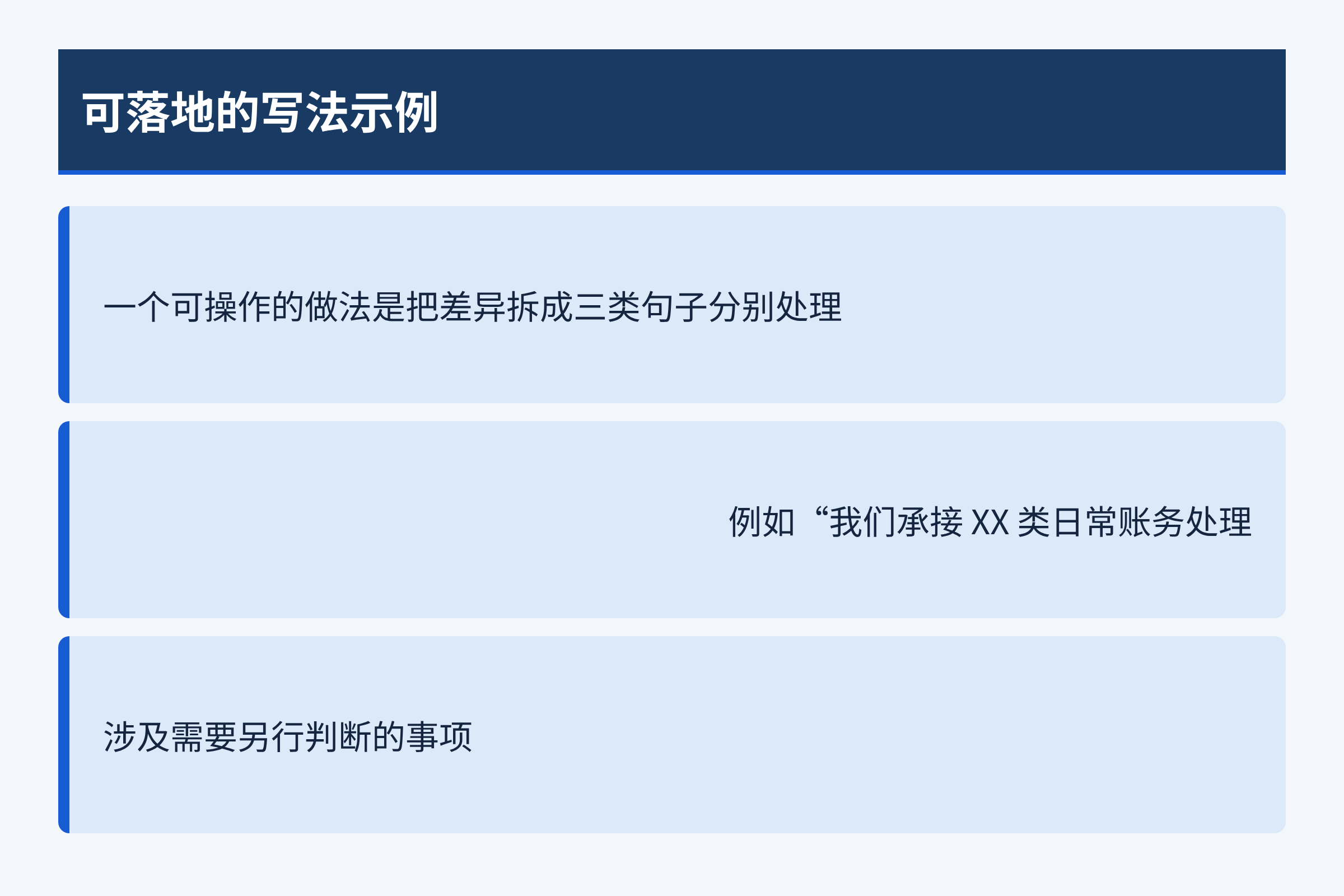 可落地的写法示例:一个可操作的做法是把差异拆成三类句子分别处理;例如“我们承接 XX 类日常账务处理;涉及需要另行判断的事项