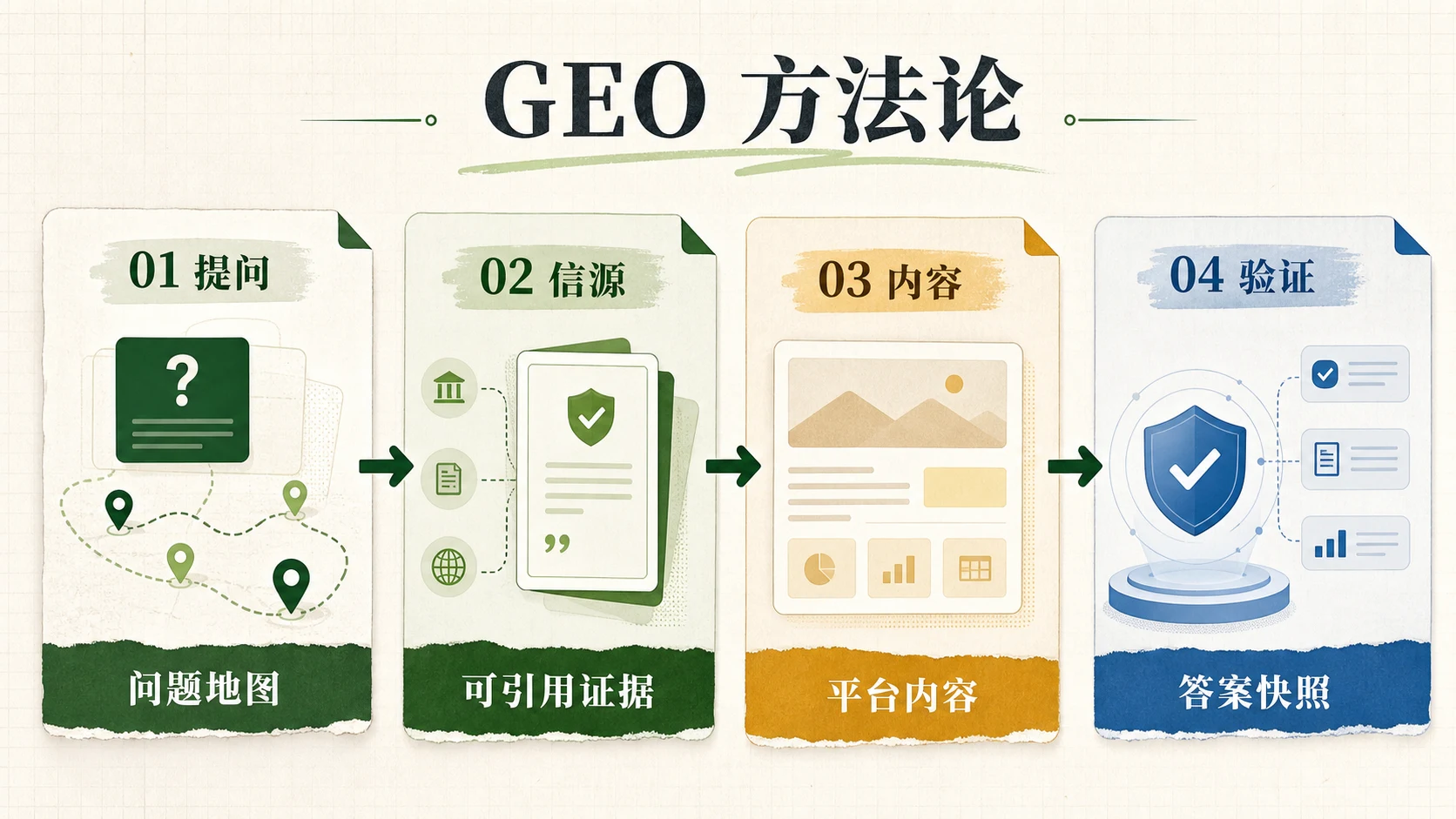 GEO 方法论四步流程:提问、信源、内容和验证